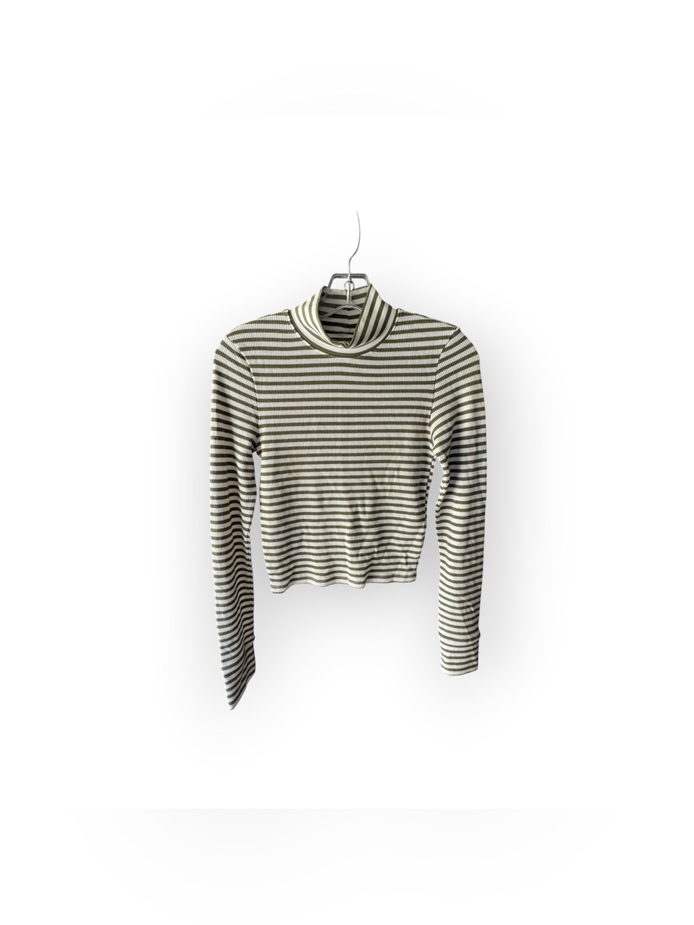 American Eagle Ribbed Striped Turtleneck Cropped Long Sleeve Top - Olive & Cream